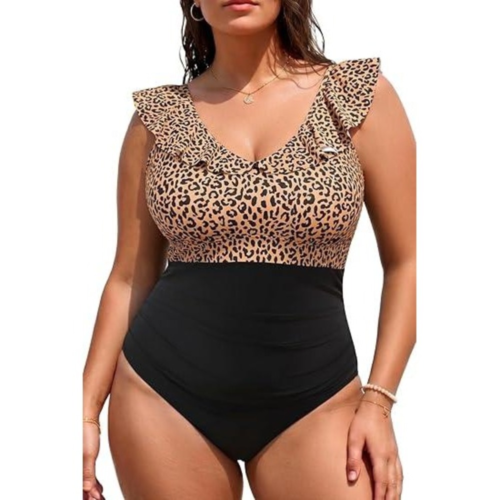 MSRP $39 Daci Women's 20W Leopard/Black Plus Size One Piece Swimsuits Tummy Co